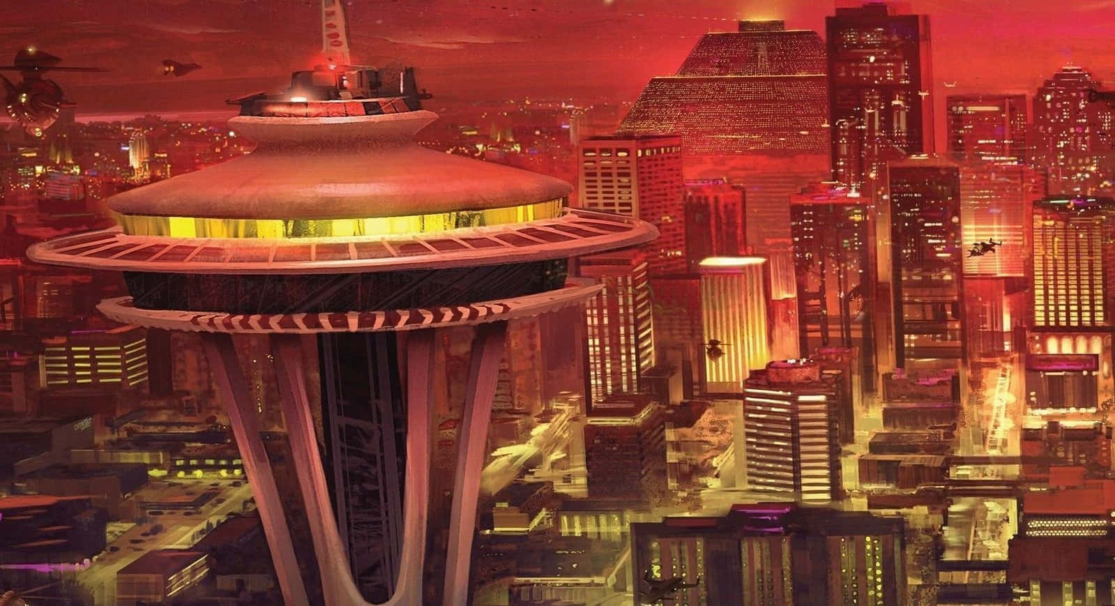 《Shadowrun》遊戲中的西雅圖 壁紙 — 黃昏時分的未來城市景觀，有發光的太空針塔和霓虹燈照亮的摩天大樓，天空火紅。