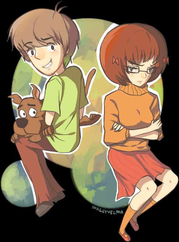 Shaggy、Velma 與 Scooby-Doo 繪畫 壁紙 — 史酷比和沙奇背靠背坐著，維瑪在他們旁邊，背景是色彩繽紛的抽象圖案。