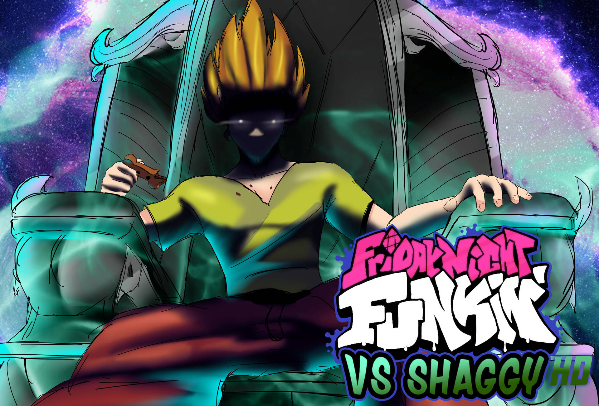 動漫角色坐在王座上，背景是宇宙星雲，帶有「Friday Night Funkin' VS Shaggy HD」文字。
