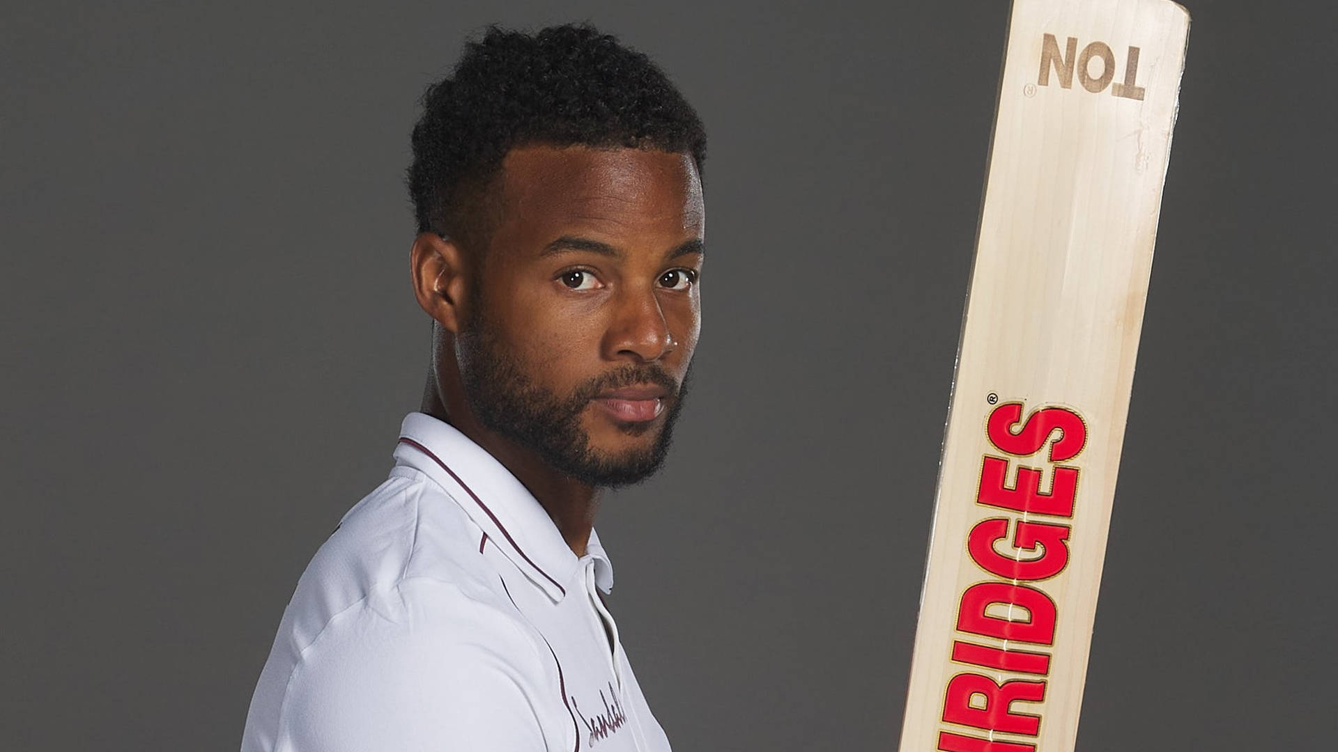 Shai Hope 直視鏡頭 壁紙 — 一位專注的板球運動員身穿白色制服，在純灰色背景前握著帶有紅色標誌的木製球棒。