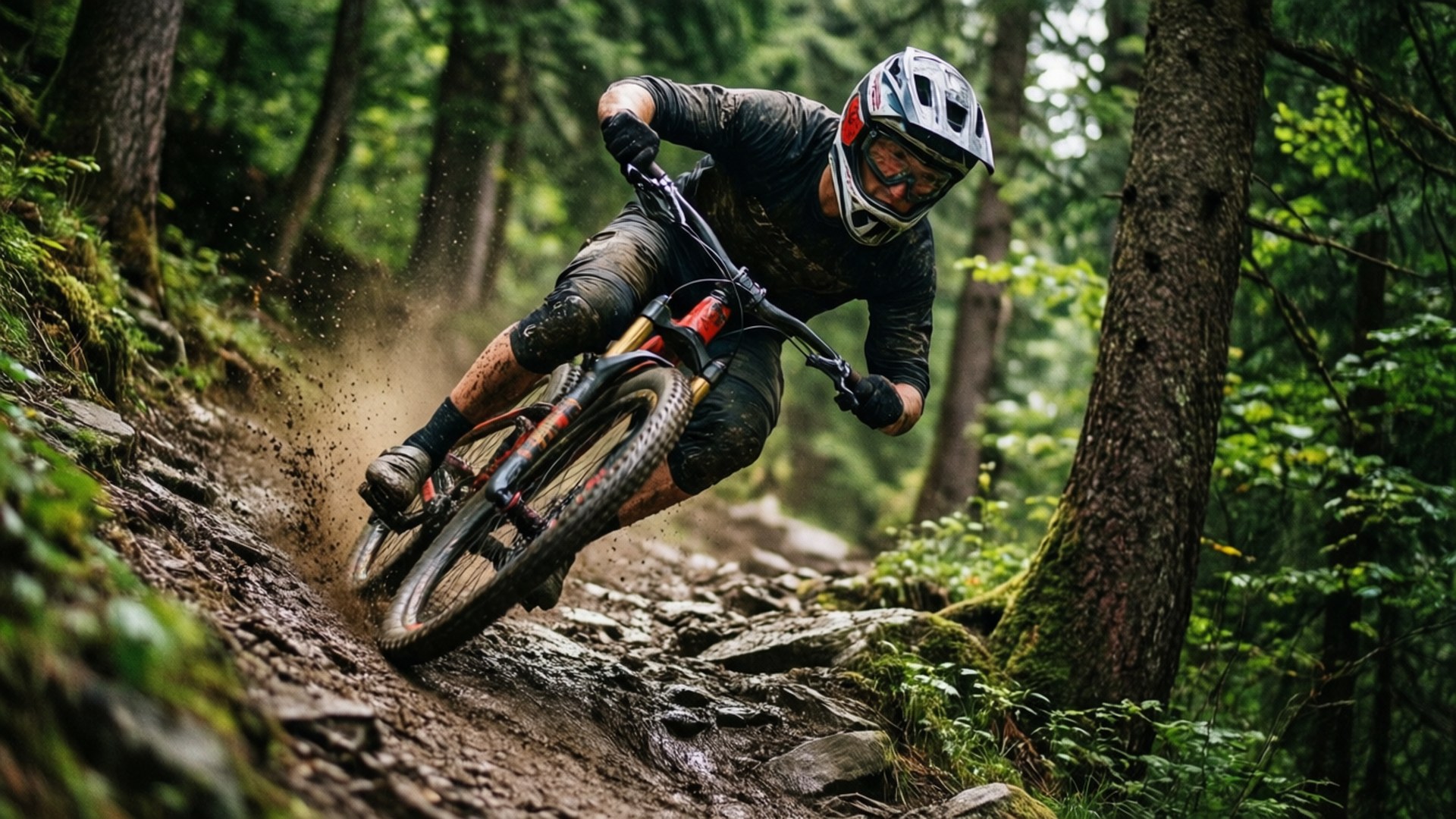Extreme Sports 桌布 壁紙 — 一名山地單車手在泥濘的森林小徑上傾斜過急彎，泥土在粗壯的樹幹周圍飛揚。