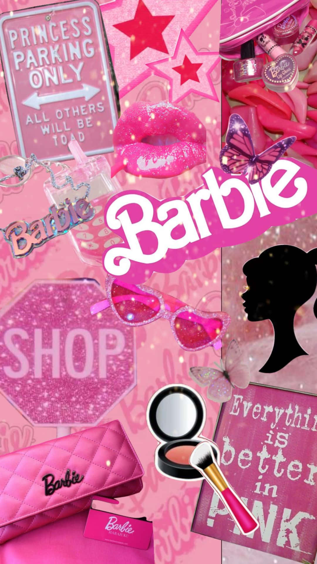 Glitter Barbie Aesthetic 桌布 壁紙 — 閃粉粉紅色芭比主題物品拼貼，包括唇部化妝標誌和剪影，背景閃爍。