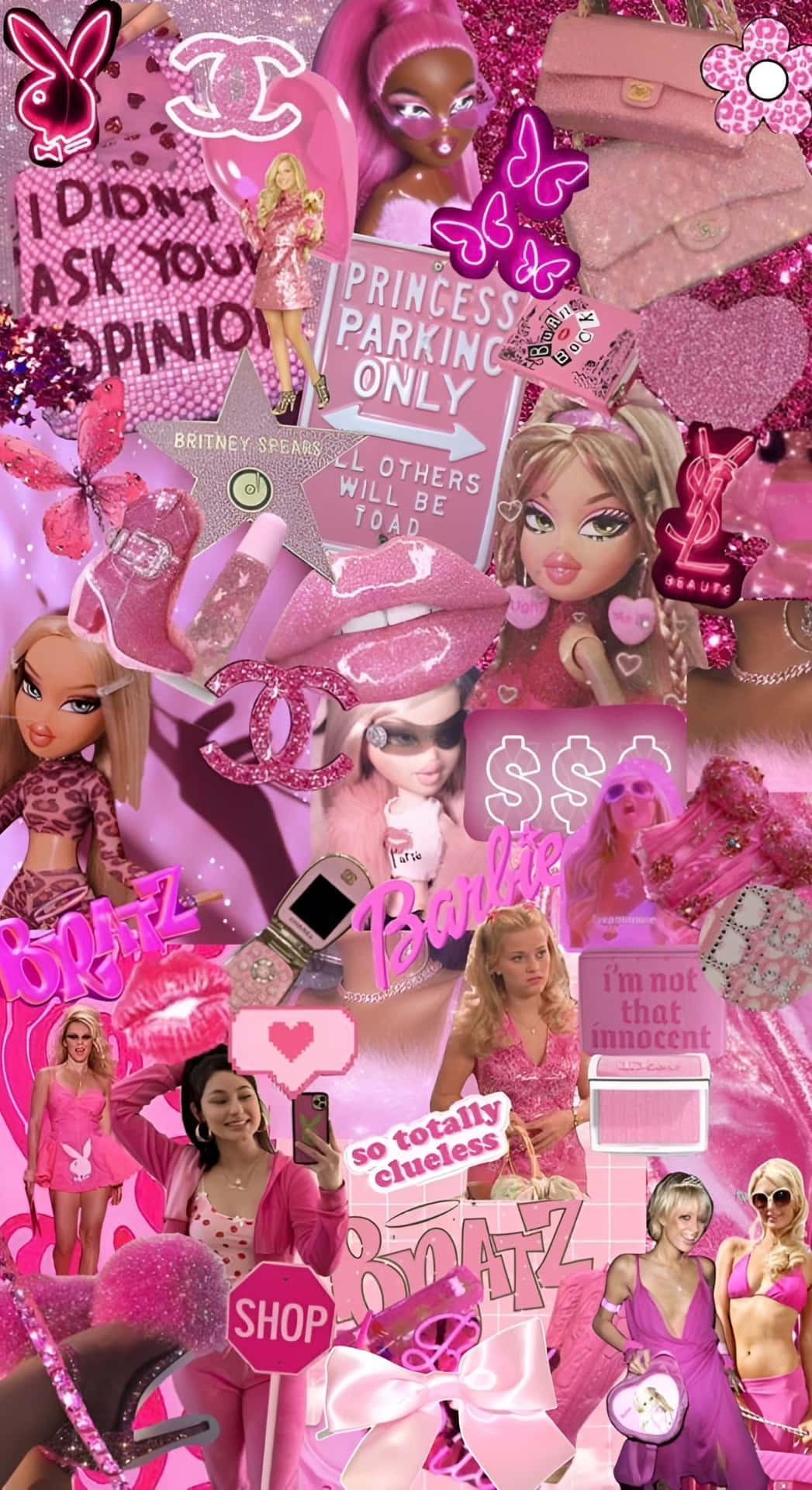  壁紙 — 一個閃亮的粉紅色拼貼畫，包含 Bratz 公仔、Britney Spears 和 Barbie，以及奢華標誌和流行文化語錄。