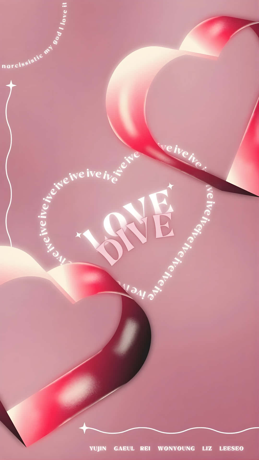  壁紙 — 閃亮的粉紅色心形圍繞發光的「LOVE DIVE」文字旋轉，營造夢幻浪漫的數位藝術作品。