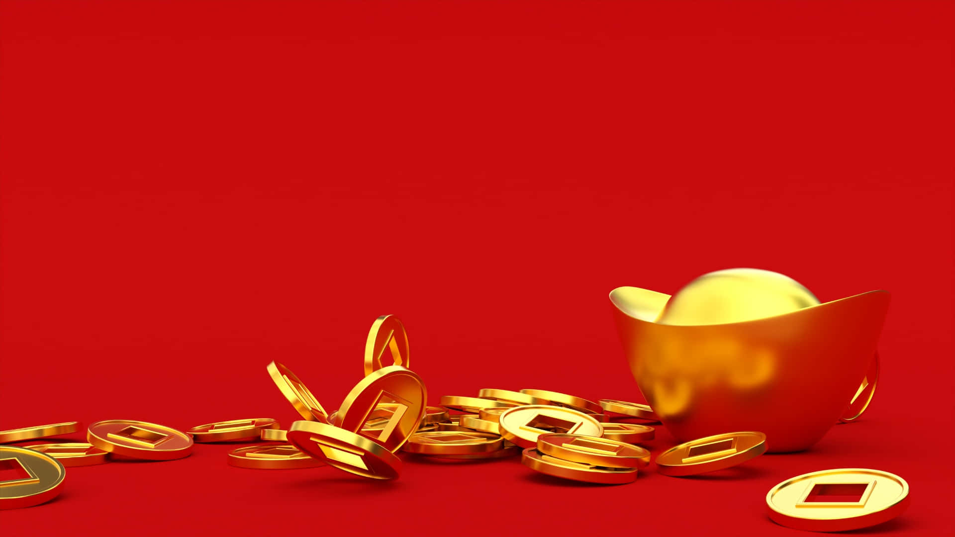  壁紙 — 閃亮的金幣和金條散落在鮮紅色的背景上，構成極簡的3D渲染作品。
