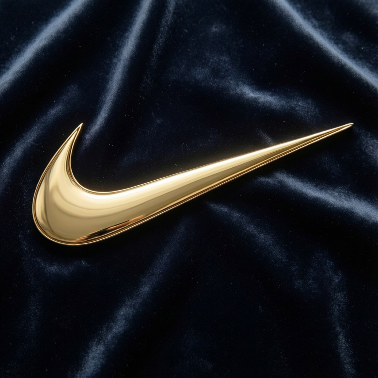 金屬金色剔號 壁紙 — 閃亮的金色Nike Swoosh標誌放置在帶有柔和褶皺的奢華深藍色天鵝絨布料上。
