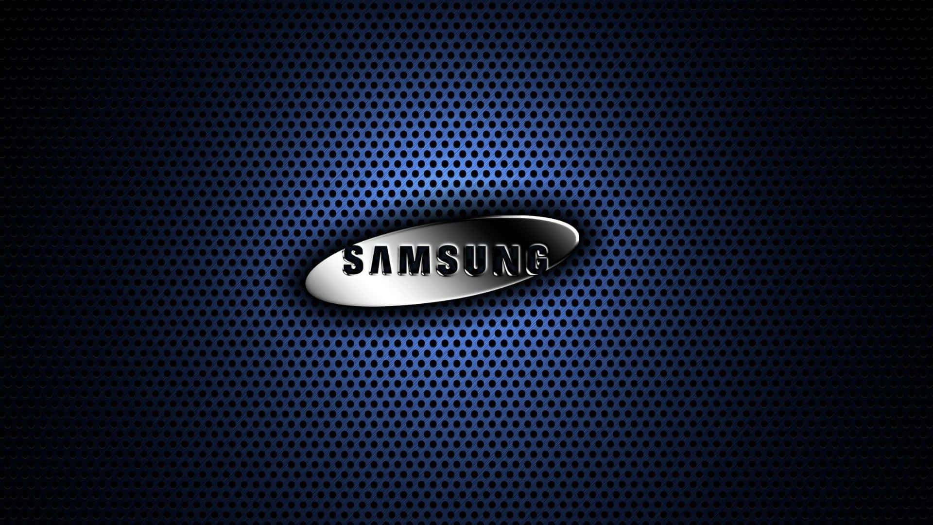  壁紙 — 閃亮的Samsung標誌置於深藍色穿孔金屬背景中央，帶有發光效果。