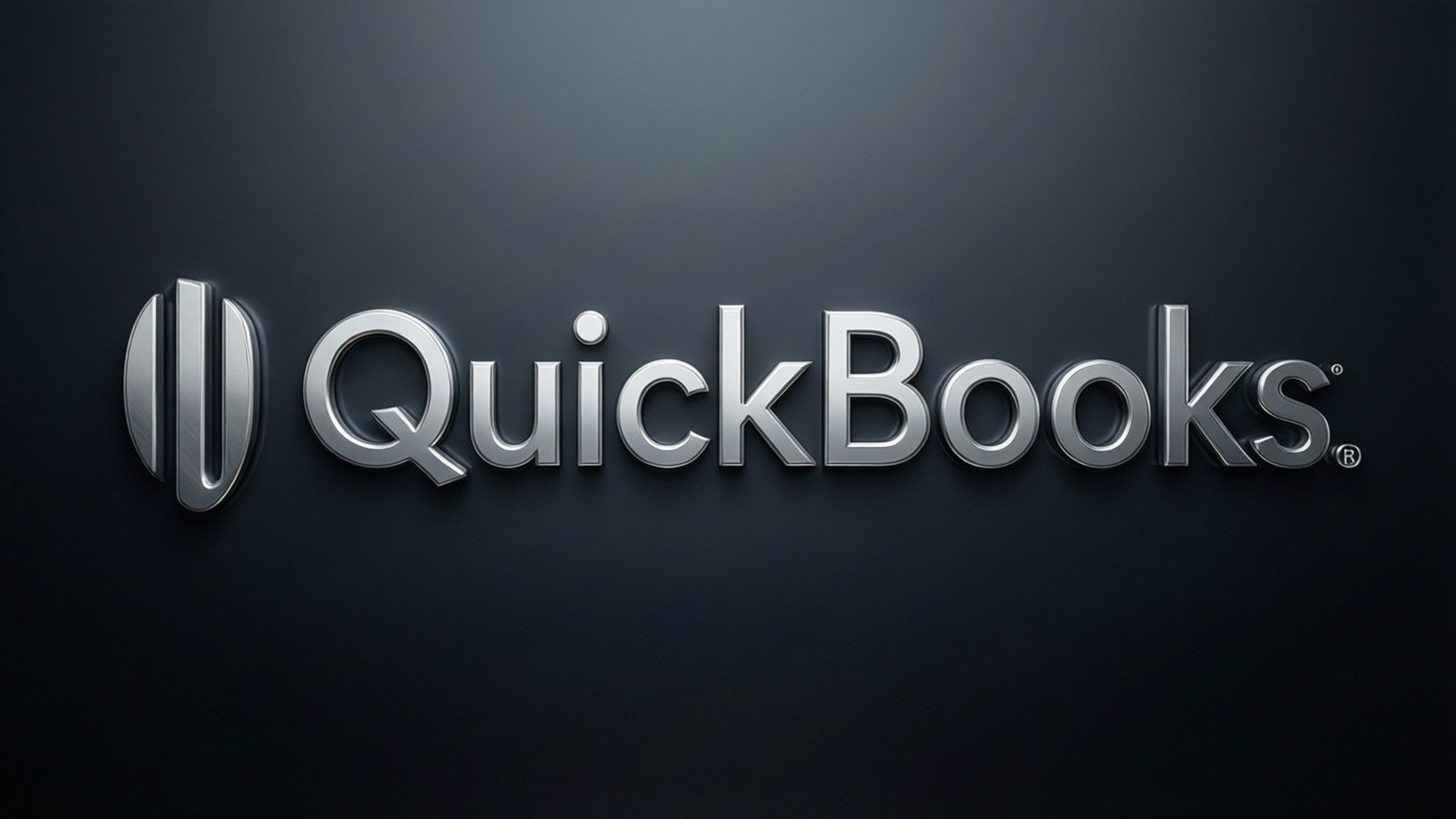 Quickbooks 桌布 壁紙 — 閃亮的銀色QuickBooks標誌，帶有金屬光澤，居中放置在深色漸變背景上。