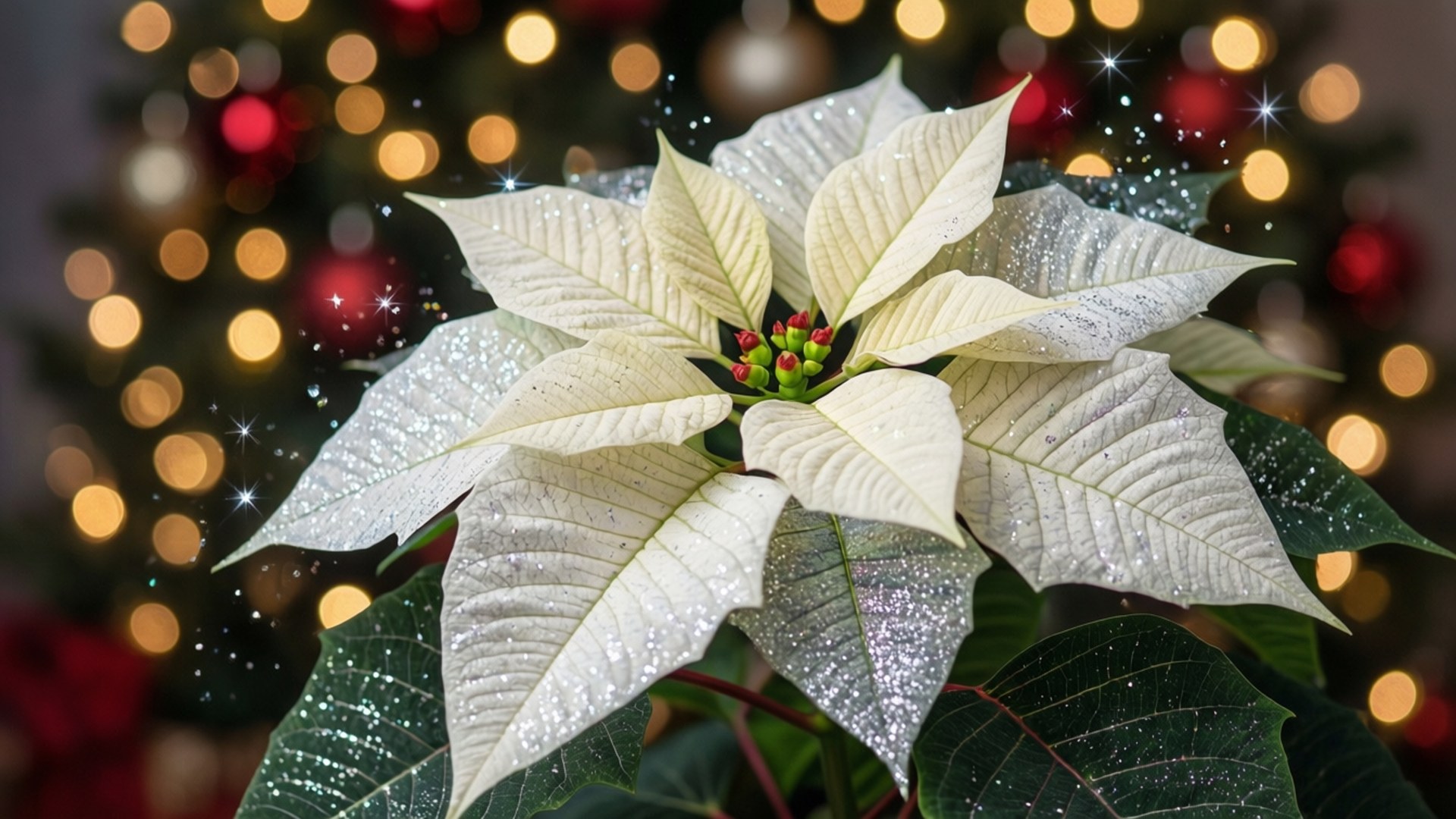 Poinsettia 桌布 壁紙 — 閃爍的白色聖誕紅，紅色中心花朵，背景是溫暖燈光和紅色裝飾的節日散景。