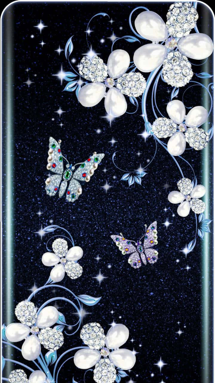 寶石蝴蝶和花朵在黑暗的夜晚中，在閃爍的星星之間飄浮。 — 唯美蝴蝶動圖 壁紙
