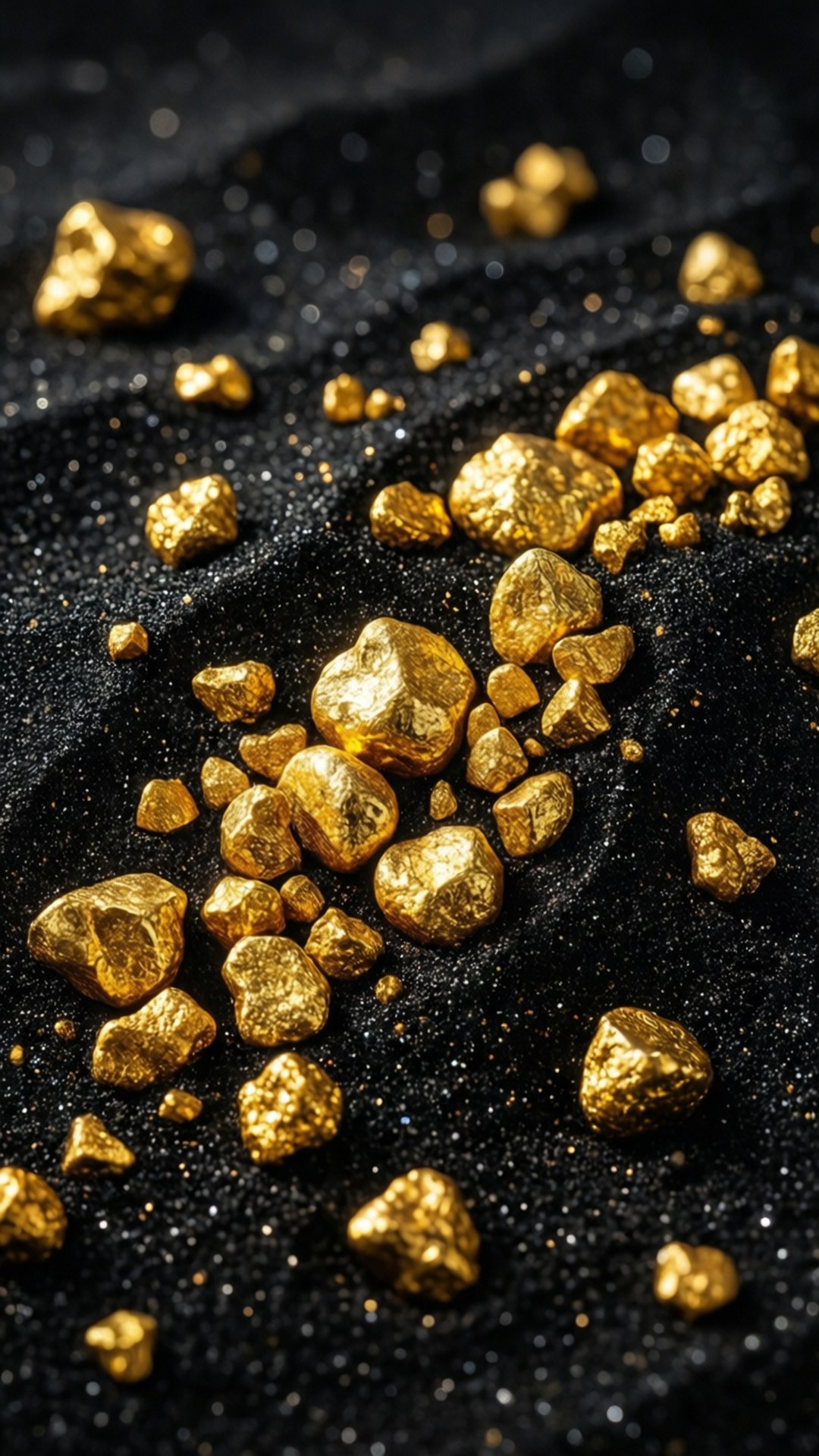 金塊放置在黑色閃亮布料表面上。