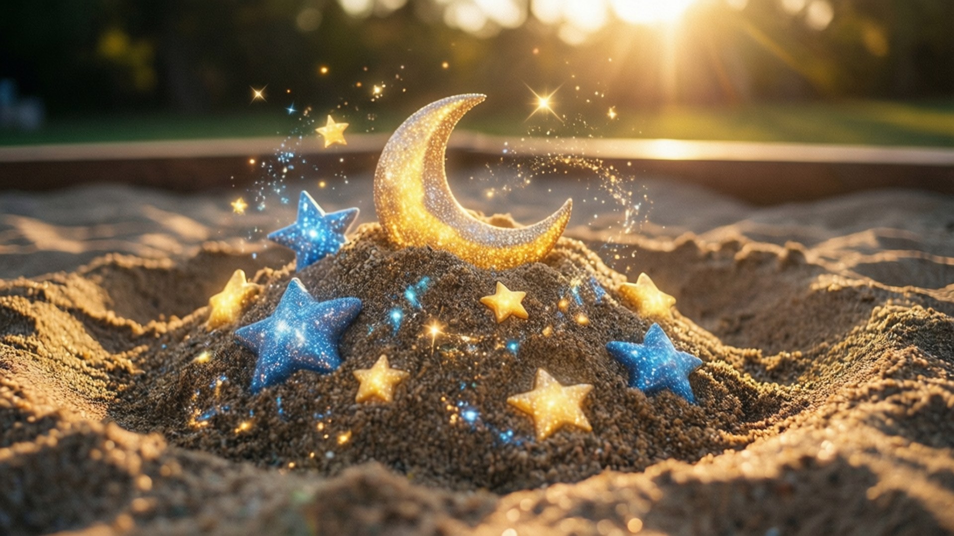 一個神奇的沙堆，彎月和星星在金色和藍色光芒中閃耀。