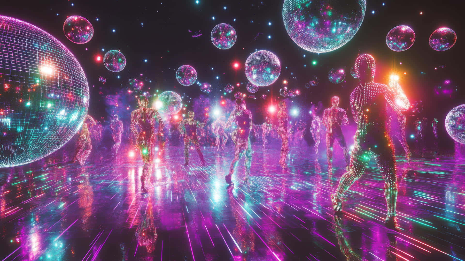  壁紙 — 閃爍的迪斯科球如雨般落下，身穿霓虹服的舞者在反射地板上於脈動燈光下舞動。