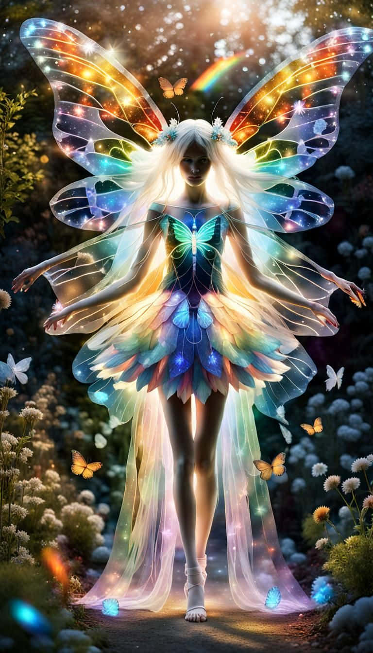  壁紙 — 一位閃耀的仙女，擁有發光的彩虹翅膀和蝴蝶圖案，站在陽光明媚的花園中，周圍飛舞著蝴蝶和柔軟的白花。