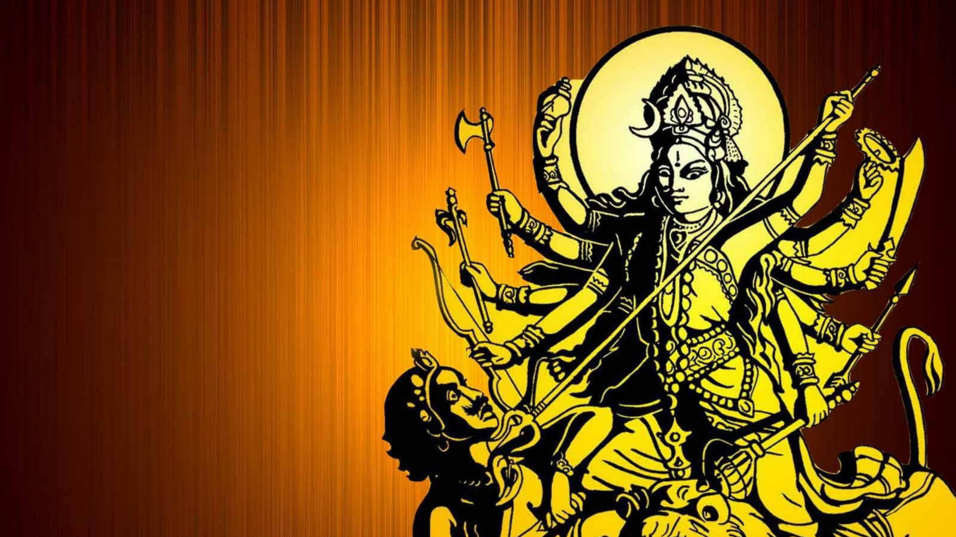 金色插圖女神杜爾迦騎獅持武器，背景深橙色。