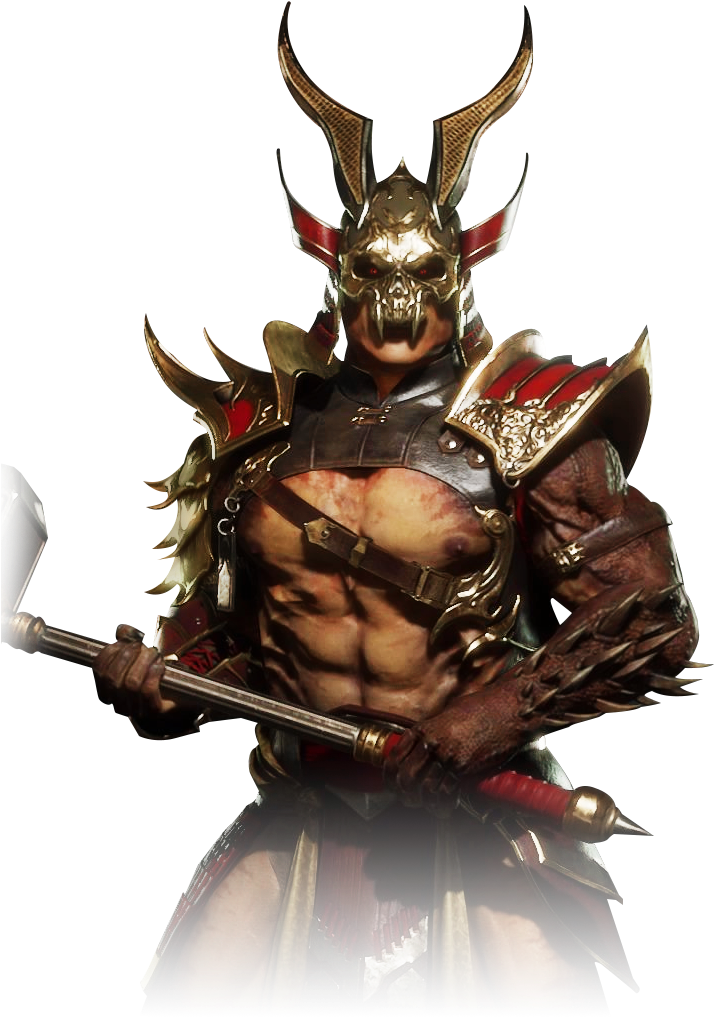 真人快打 Shao Kahn 角色渲染圖 壁紙 — 一個肌肉發達的戰士，身穿華麗的金色和紅色盔甲，戴著骷髏頭盔，在黑色背景前揮舞著帶刺的狼牙棒。