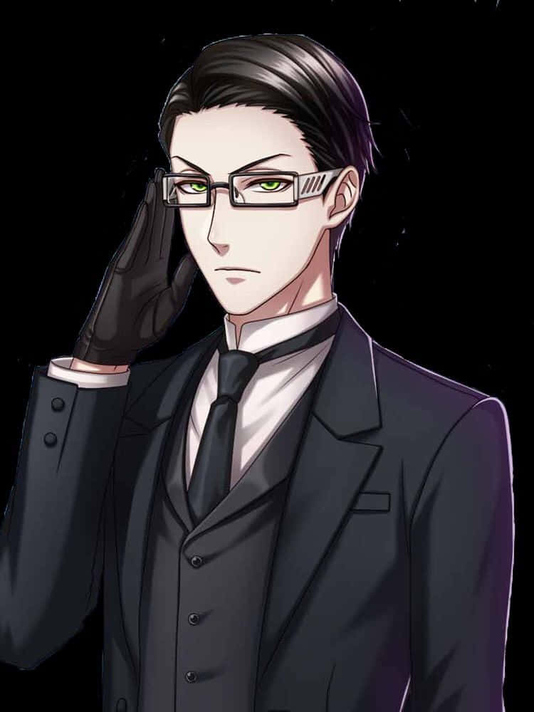 William T. Spears 桌布 壁紙 — 一位穿著黑色西裝、戴眼鏡、綠眼睛的動漫男子在黑暗背景下敬禮。