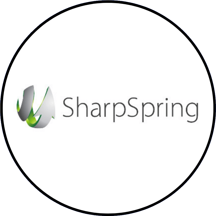SharpSpring標誌設計 壁紙 — 一個極簡的白色圓形標誌，帶有SharpSpring品牌名稱和抽象的綠色銀色徽章。