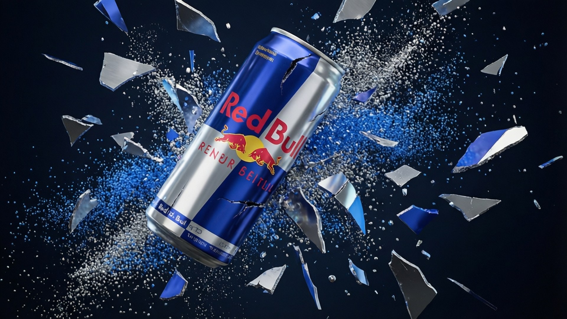 一個Red Bull罐破裂，玻璃碎片向外飛散。