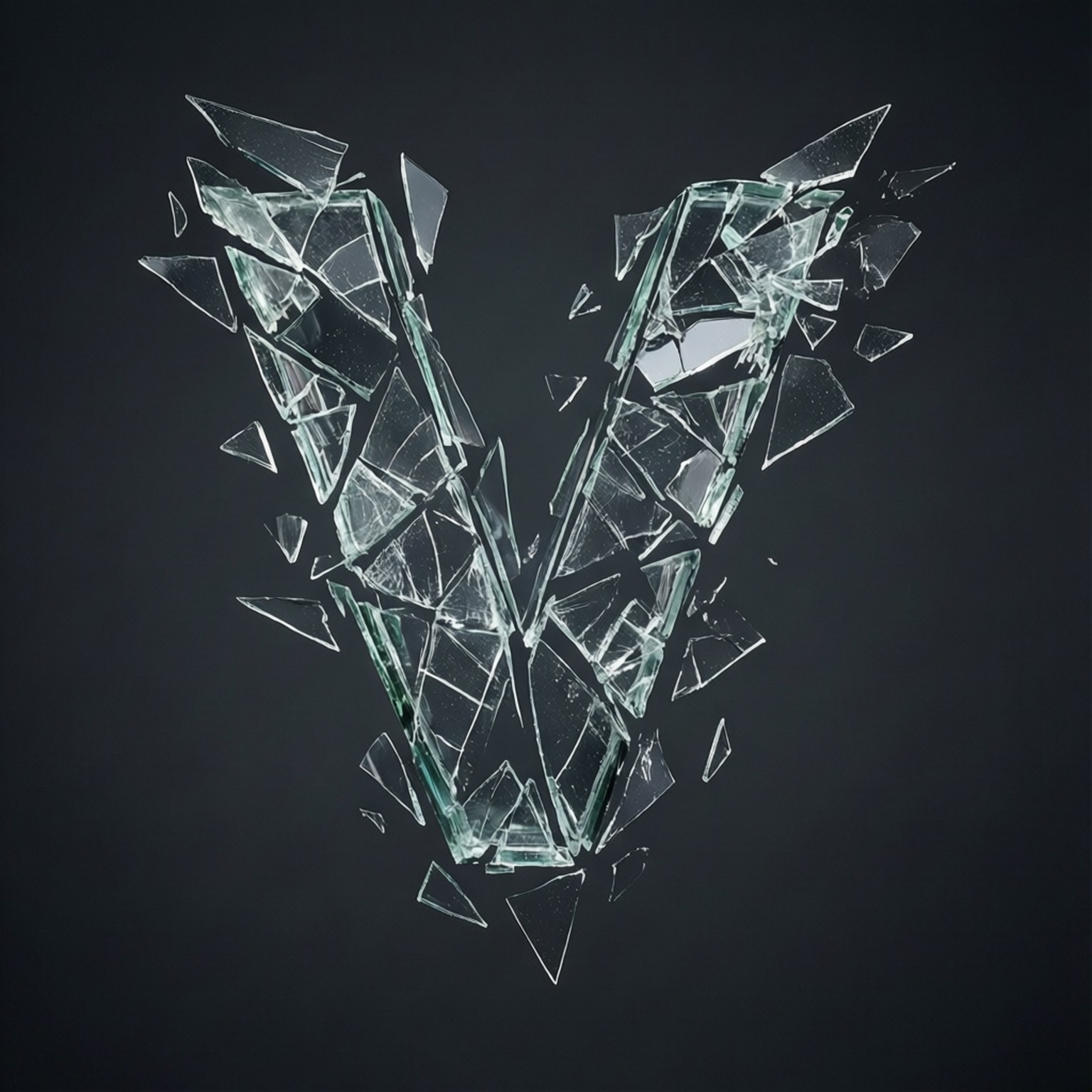 破碎玻璃形成字母V，背景為深灰色
