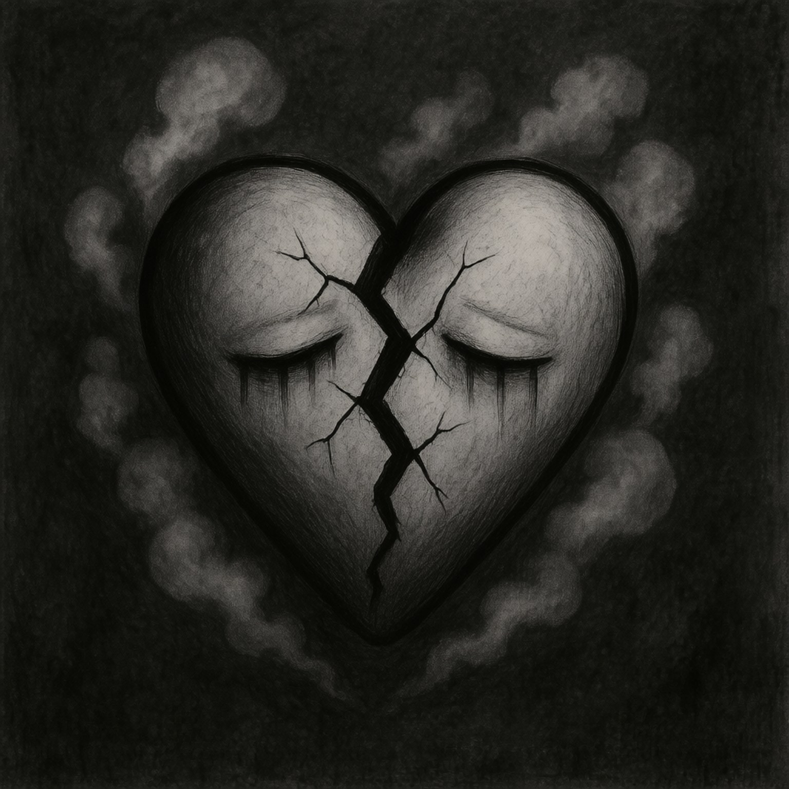 Shattered Heart 壁紙 — 一顆破裂的心，閉著眼睛，淚水順著破碎的表面流下，被單色的煙霧雲環繞。