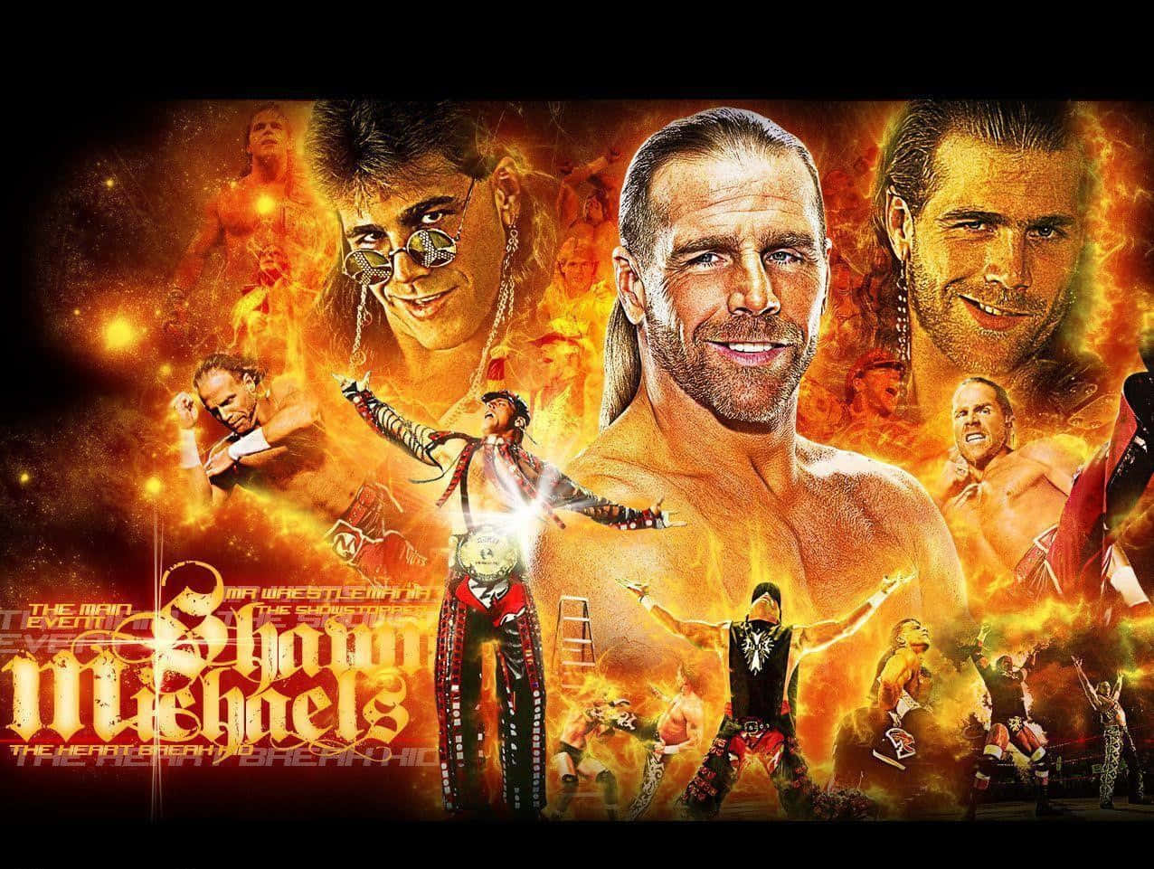 Shawn Michaels 圖形設計 壁紙 — 一幅熾熱的拼貼畫，描繪WWE摔角手Shawn Michaels以多種姿勢和服裝，在熾熱的橙色和黃色背景前。