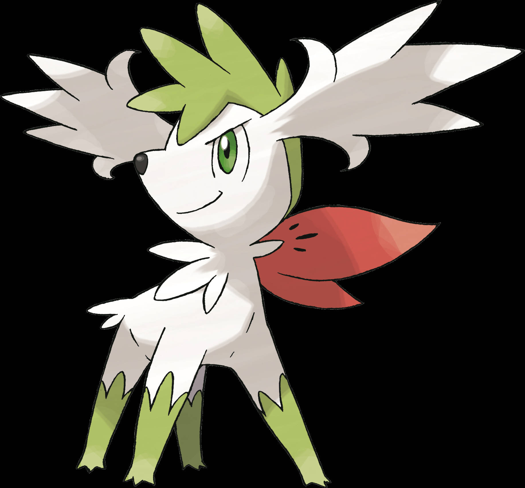 Shaymin 天空形態官方藝術圖 壁紙 — 一隻白色和綠色的開心神奇寶貝，有著葉子般的耳朵和紅色圍巾，站在黑色背景前。