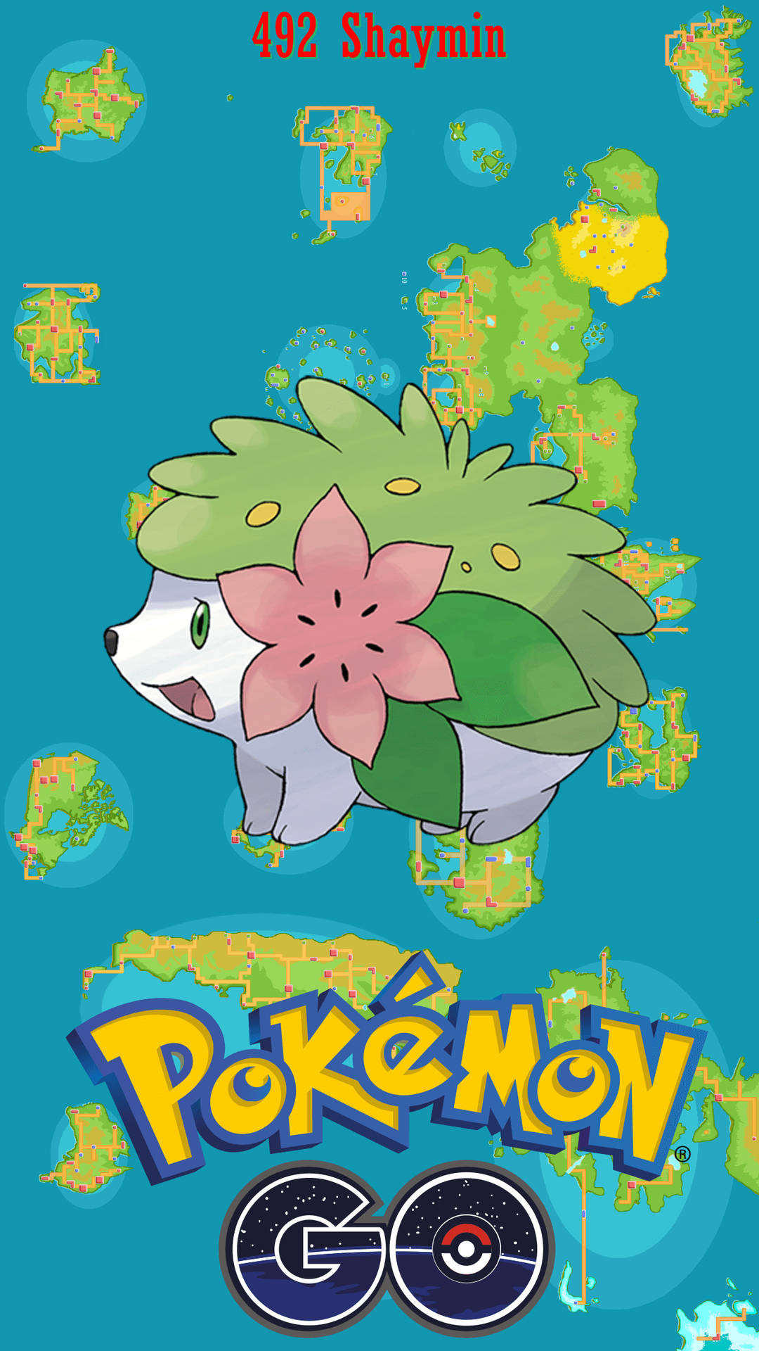 Shaymin 漂浮在 Pokémon GO 地圖碎片上方，背景為青綠色。