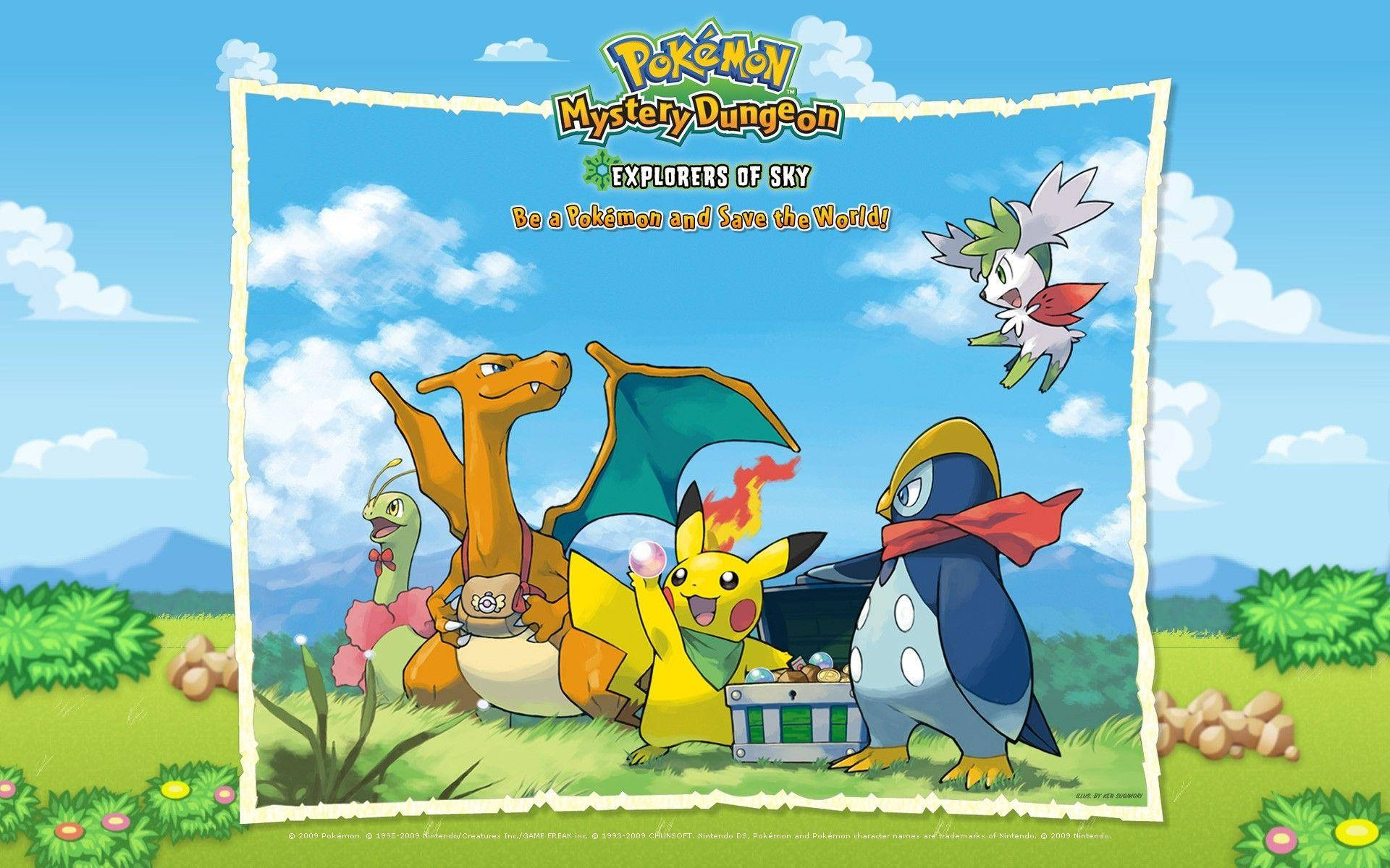 Pikachu、Charizard 和 Piplup 一起站在陽光明媚的田野中，背景有山脈。