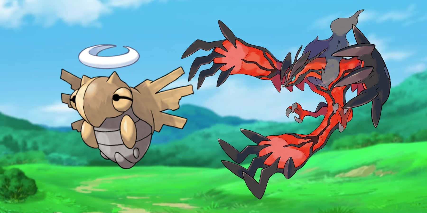 Shedinja 與傳說寶可夢 Yveltal 壁紙 — 兩隻寶可夢在晴朗藍天白雲下的翠綠田野中戰鬥。