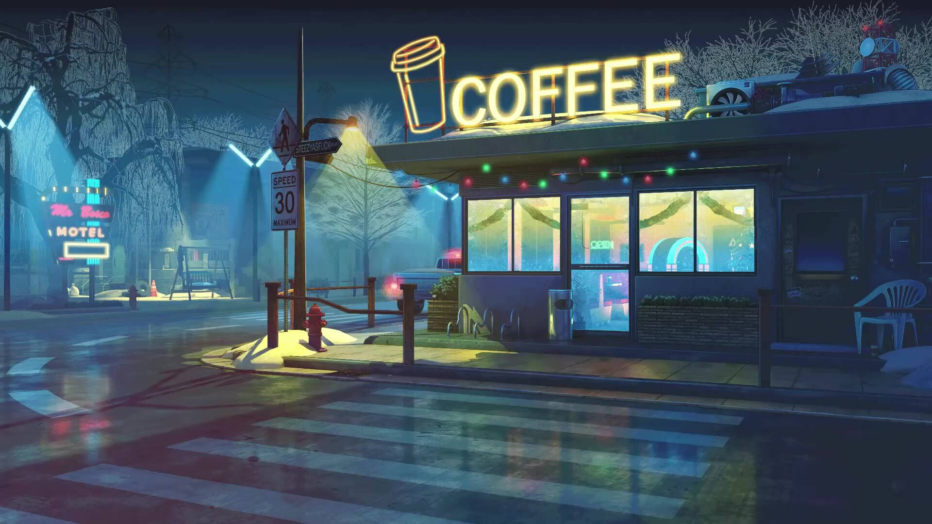Sheesh 咖啡店夜幕降臨 壁紙 — 一間霓虹燈咖啡店在雪夜中溫暖地發光，燈光映照在濕漉漉的路面上，光禿的樹木矗立在迷霧背景中。