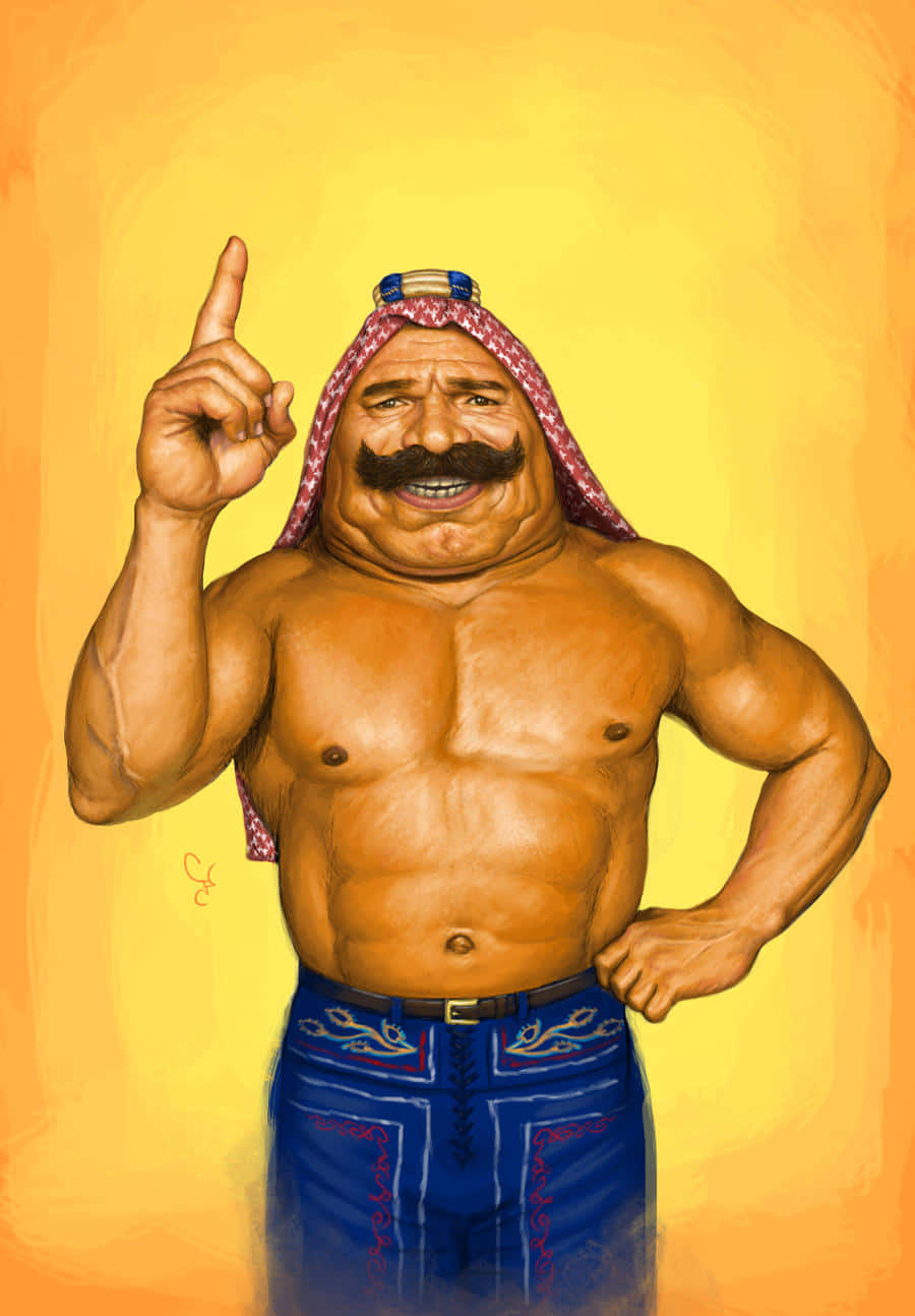 鐵 Sheik 圖形藝術 壁紙 — 一個肌肉發達、留著濃密鬍鬚、戴著圖案頭巾的男人，在溫暖的黃色背景上向上指。