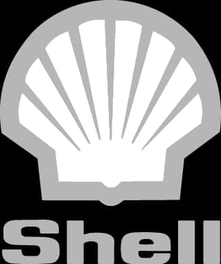 Shell黑白標誌 壁紙 — 簡約灰色和白色的Shell標誌，上方有風格化的扇貝圖案，下方為Shell字樣。