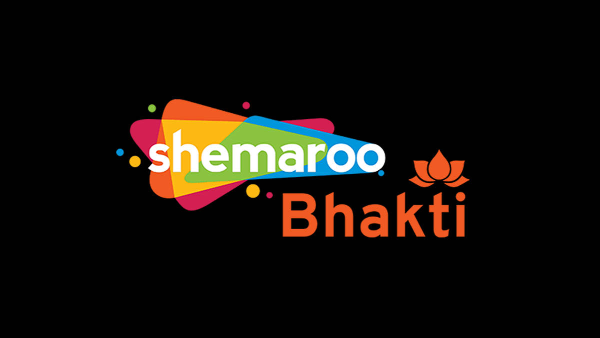 Shemaroo Bhakti 標誌，帶有彩色形狀和蓮花圖標，背景為黑色。