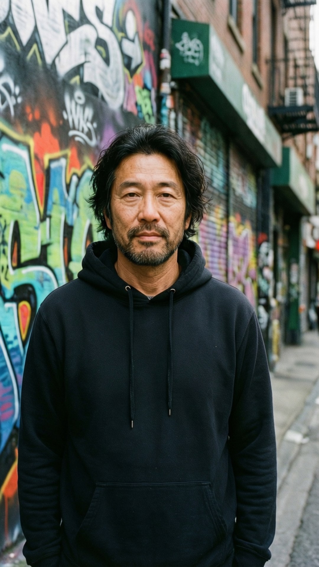 Manjiro Sano 桌布 壁紙 — 一名身穿黑色連帽衫的男子，在城市街道上色彩繽紛的塗鴉牆前平靜地站立。