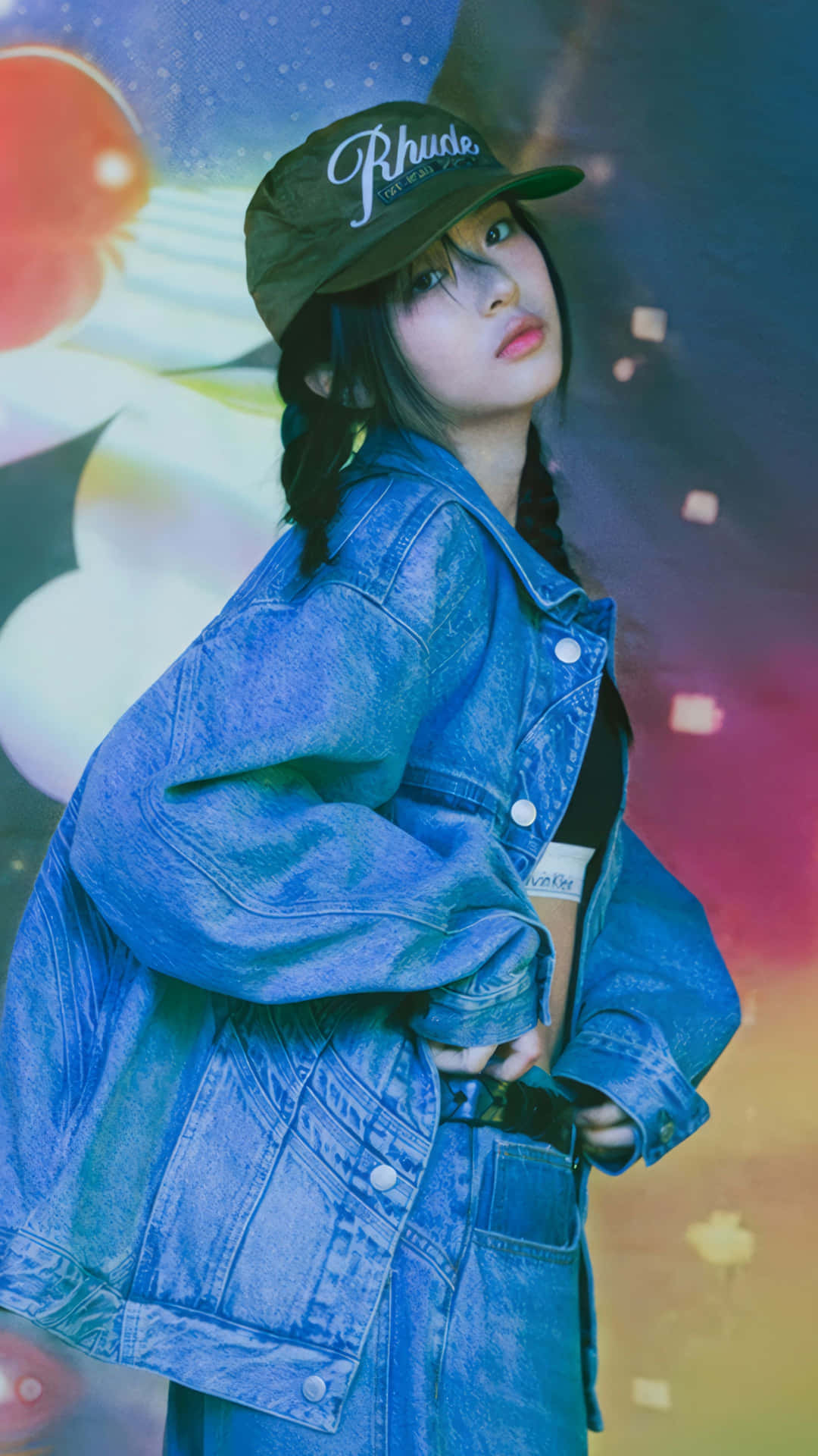  壁紙 — 一位身穿藍色牛仔外套和綠色帽子的年輕女性，在充滿發光球體的鮮豔宇宙背景前自信地擺姿勢。