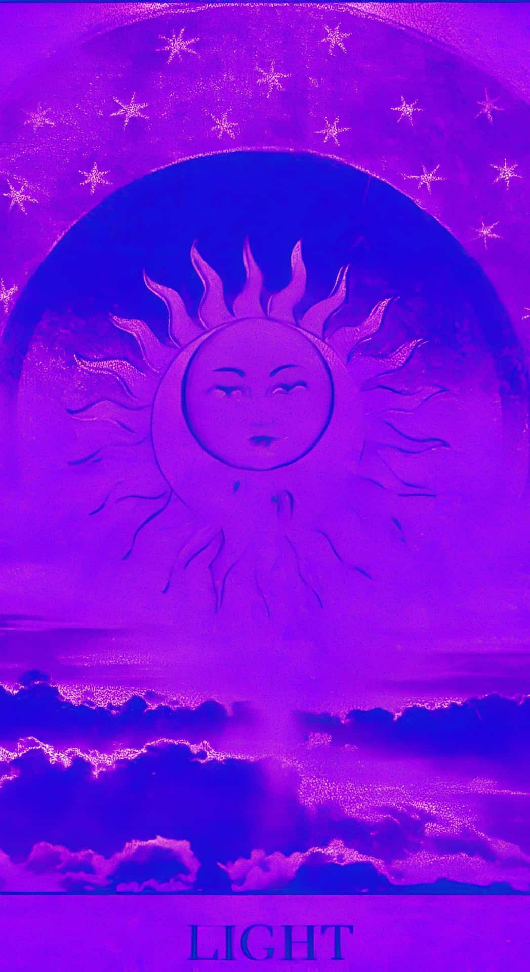  壁紙 — 神秘的紫色天空展現出一個平靜的日月混合體，閉著眼睛，下方有星雲。