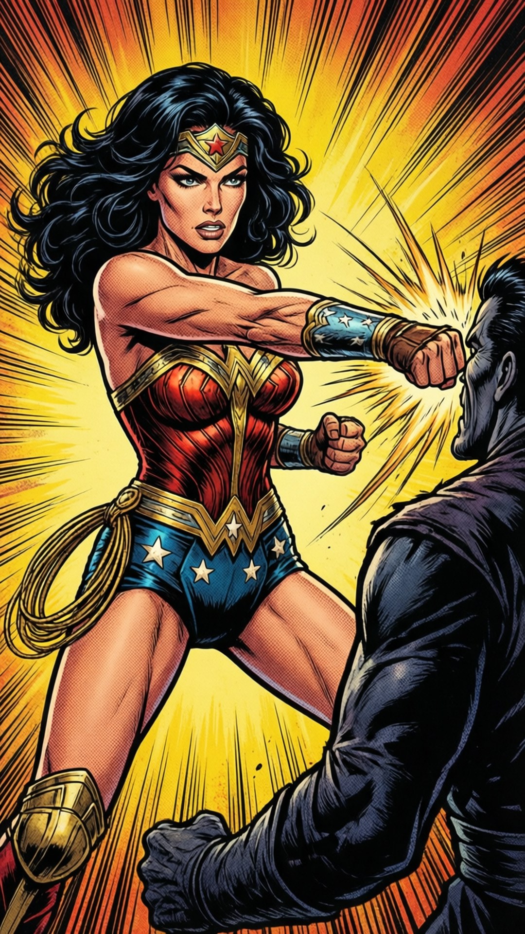 lynda carter 桌布 壁紙 — 神奇女俠在耀眼的黃色和橙色爆炸背景中，向對手揮出強力一拳。