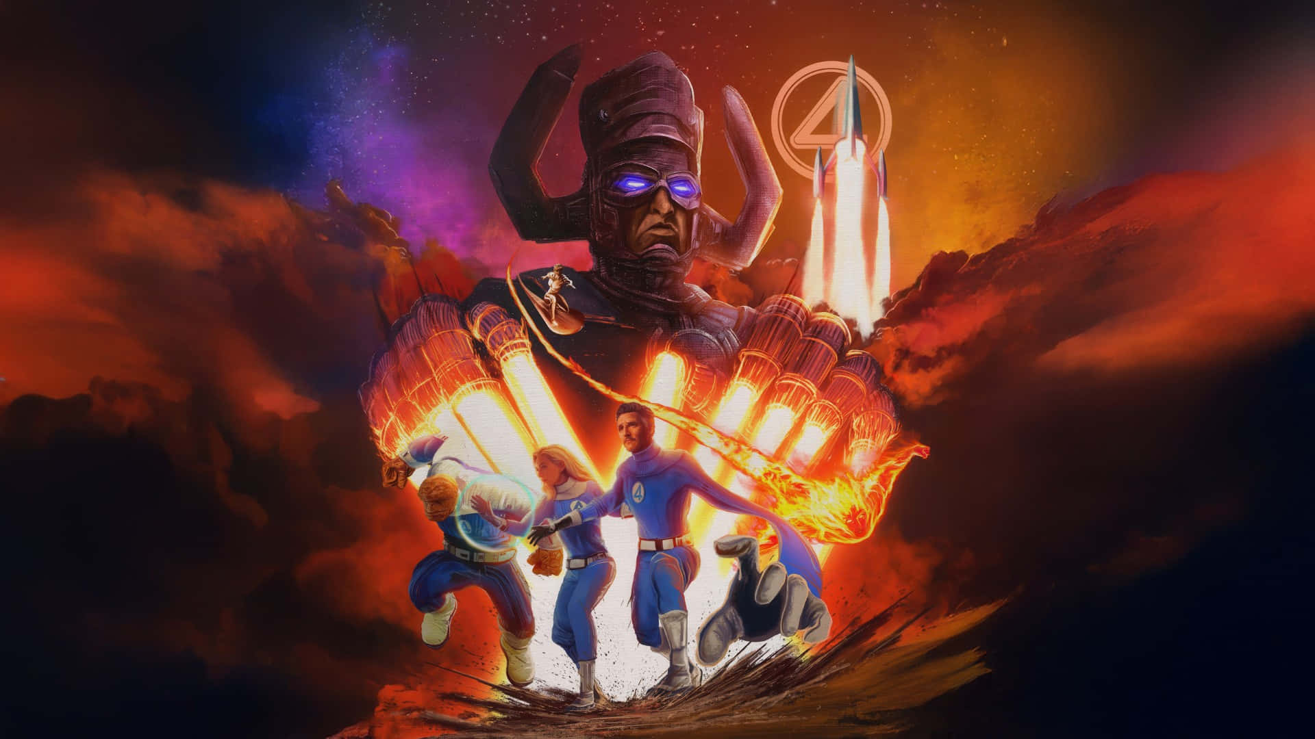  壁紙 — 神奇四俠從一個巨大的宇宙惡棍逃跑，同時一枚火箭衝入熾熱的星空。