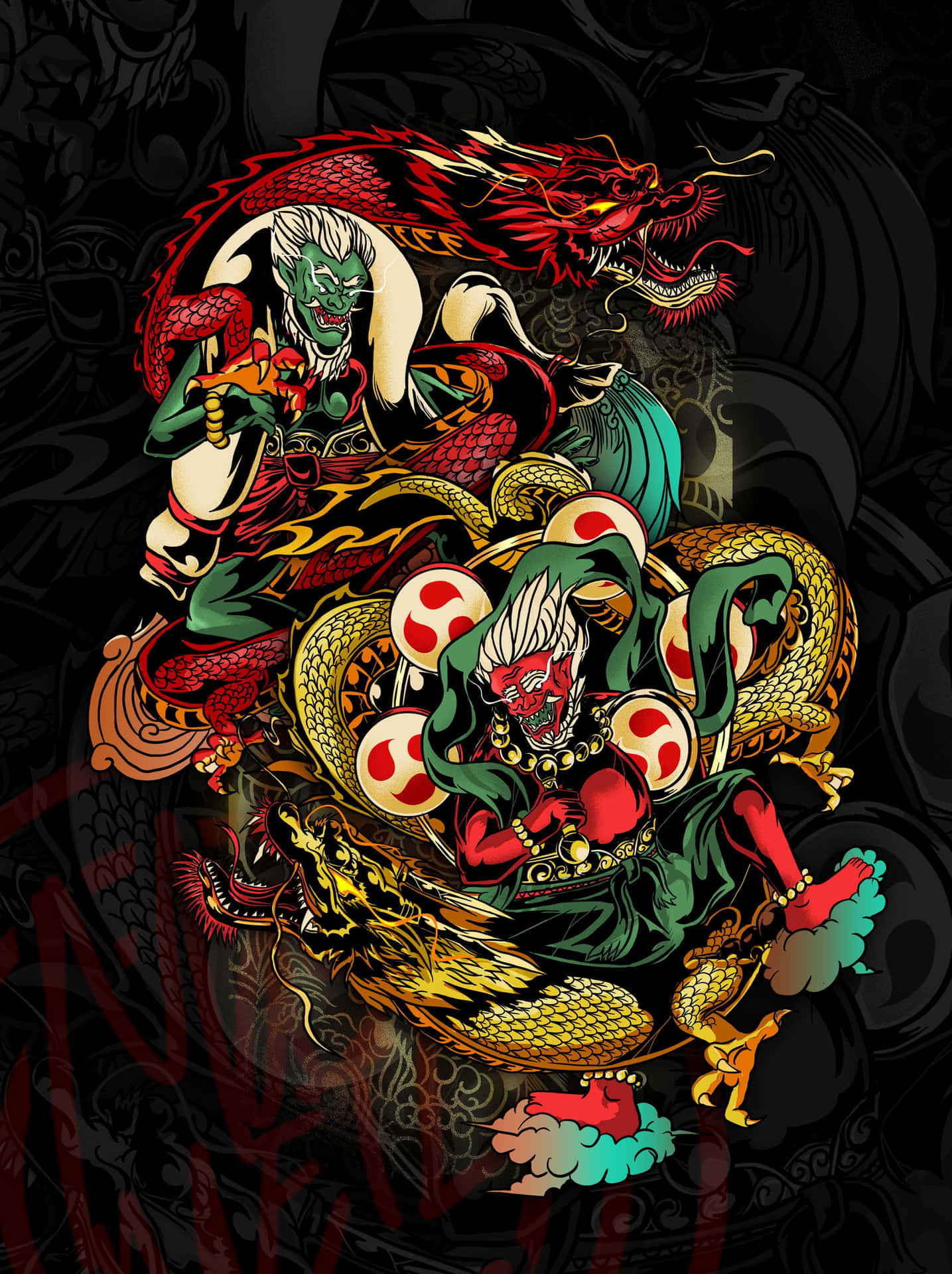 壁紙 — 生動描繪的日本鬼怪在黑暗華麗的背景中與紅、金、綠色的龍戰鬥。
