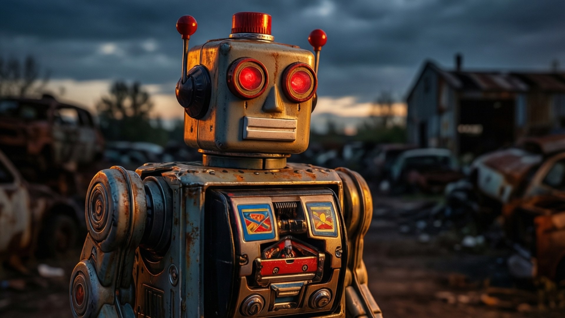 Bad Robot 桌布 壁紙 — 一個生鏽的復古機械人，發光的紅眼睛，在黃昏時分站在廢車場，周圍是廢棄的汽車。