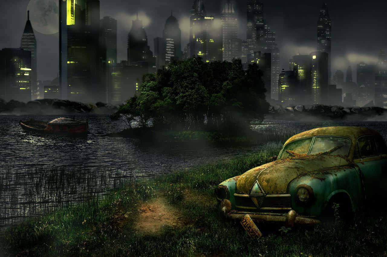  壁紙 — 一架生鏽的經典汽車被遺棄在霧氣瀰漫的河邊草地上，滿月下城市天際線閃爍著光芒。