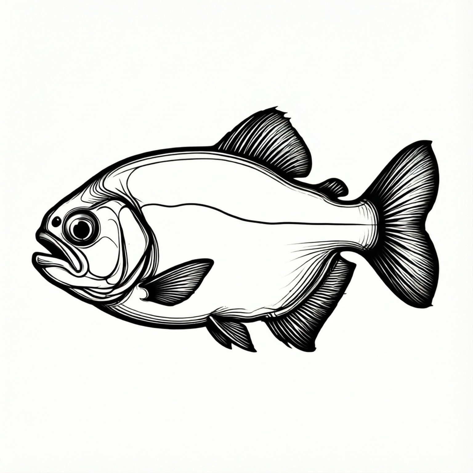 Piranha 桌布 壁紙 — 一條食人魚的詳細黑白線條畫，具有鋒利的牙齒和流暢的魚鰭，背景為純白色。