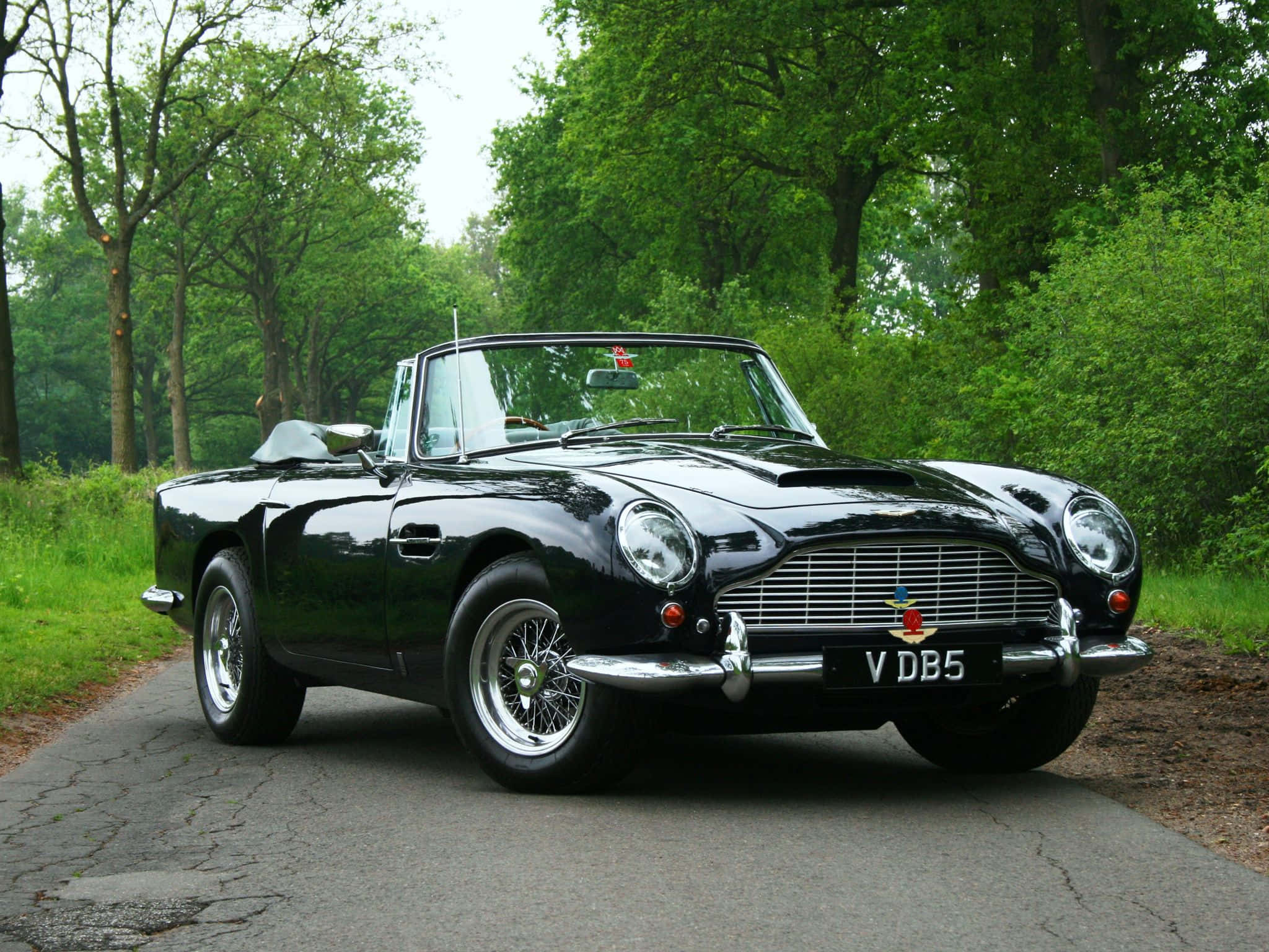 Aston Martin Db5 桌布 壁紙 — 一輛時尚的黑色Aston Martin DB5開篷車停泊在樹木成蔭的鄉村道路上，沐浴在柔和日光下。