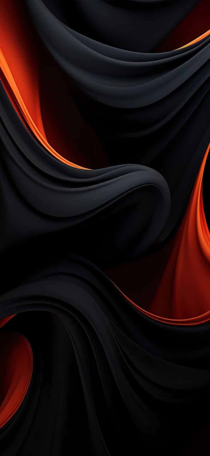  壁紙 — 時尚的黑色布料以戲劇性的曲線流動，在深色背景下顯露出發光的橙色內緣。