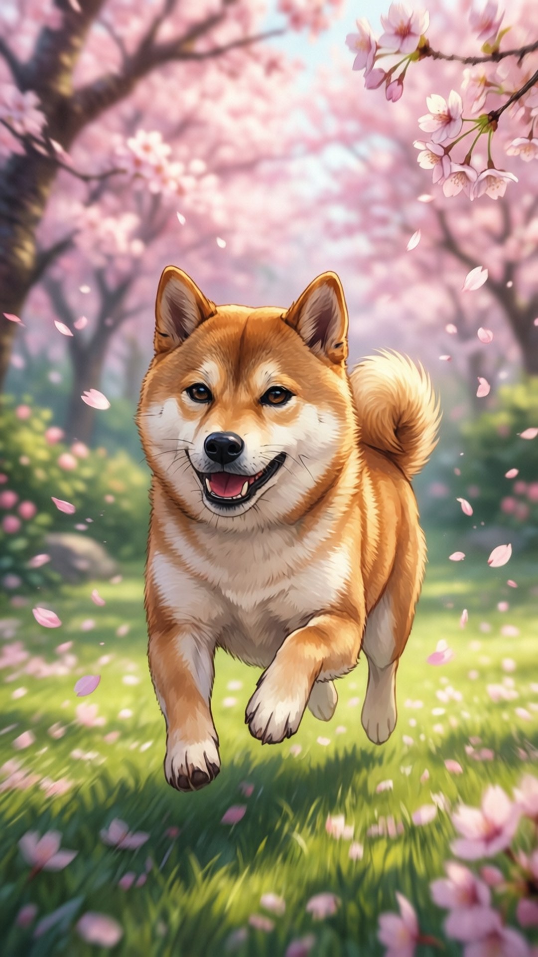 一隻柴犬在陽光明媚的春天田野中穿過飄落的櫻花。