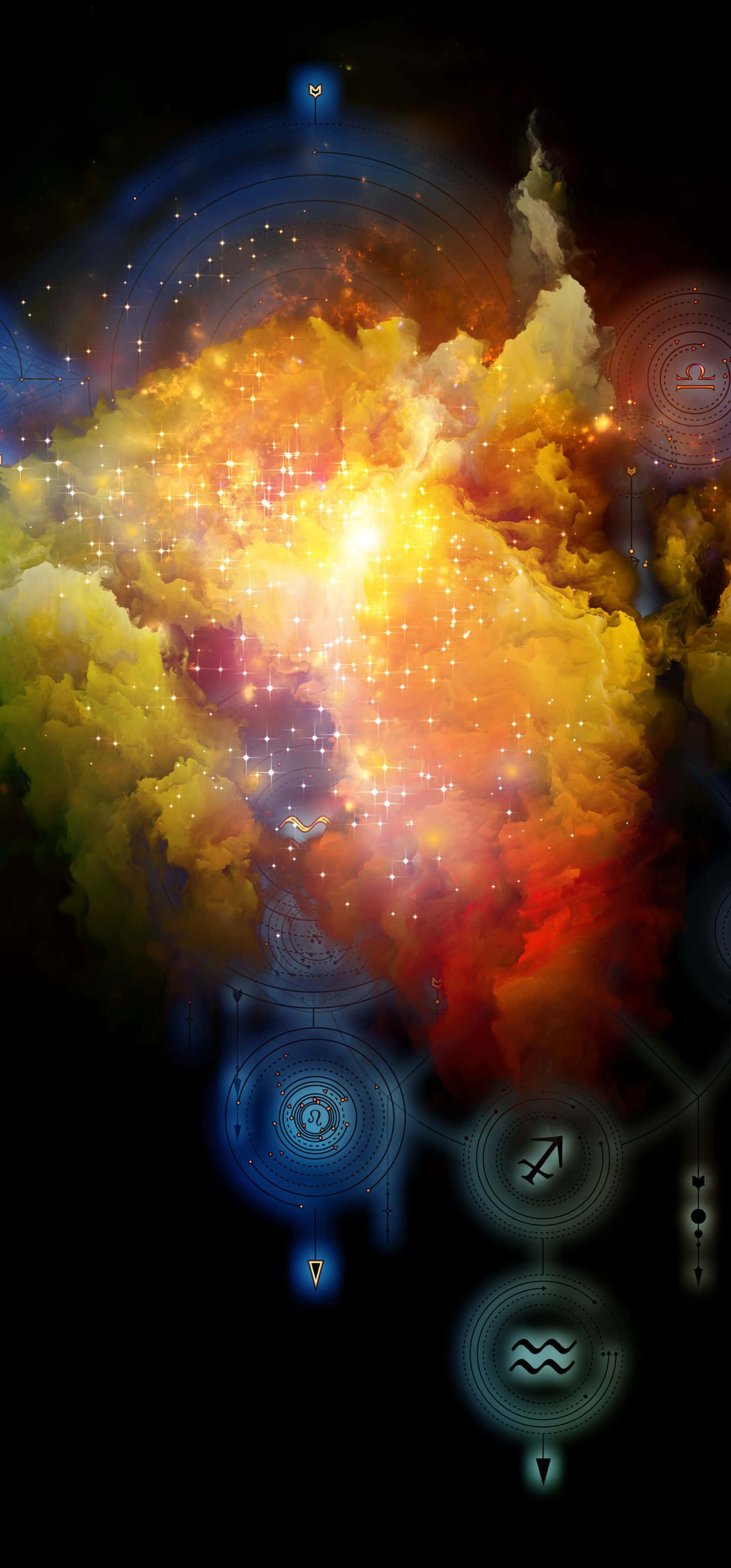藍色抽象 Shibori 風壁紙 壁紙 — 一個充滿活力的宇宙星雲在黑暗虛空中爆炸出火熱的黃色和橙色，周圍環繞著發光的占星符號和圓形界面。