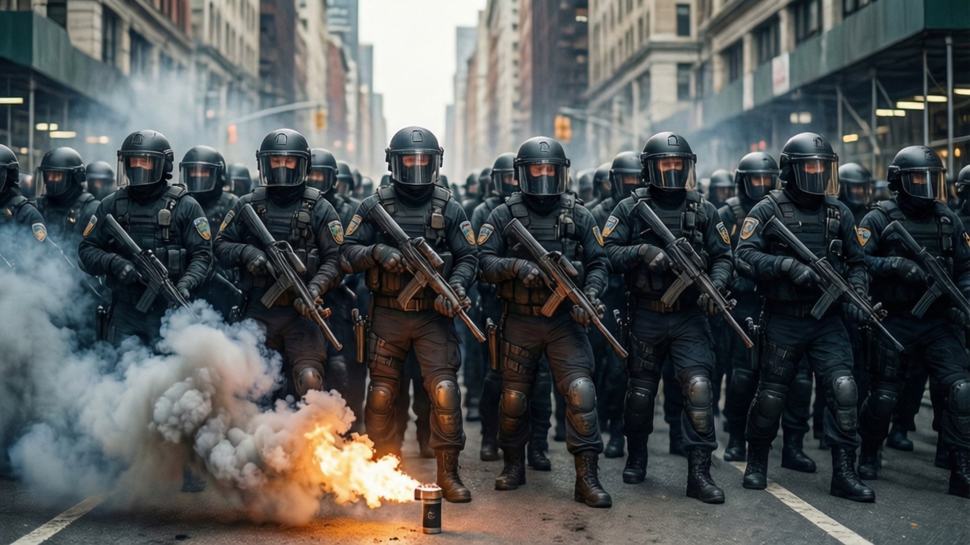全副武裝的防暴警察在城市街道上列隊，附近有信號彈爆炸。