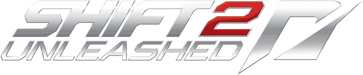 Shift 2: Unleashed 遊戲標誌 壁紙 — Shift 2 Unleashed 的醒目金屬標誌，帶有紅色點綴和動感角度設計，背景為黑色。