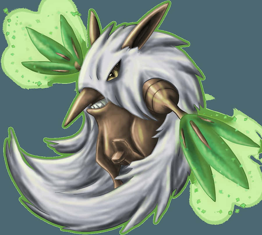 Shiftry 大葉手藍色背景 壁紙 — 一隻兇猛嘅白色狐狸狀生物，有綠色樹葉翅膀同堅定嘅表情，背景係柔和嘅藍色。